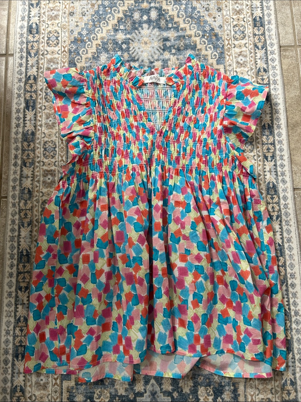Smocked Flutter-Sleeve Blouse in Bright Multicolor